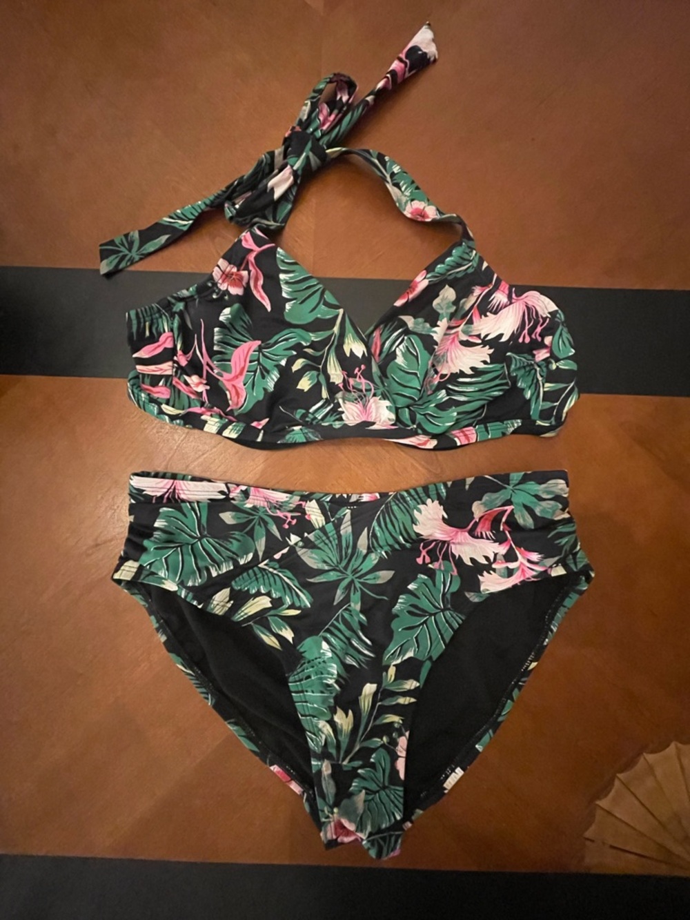 White House Black Market Black Tropical Print Halter Bikini